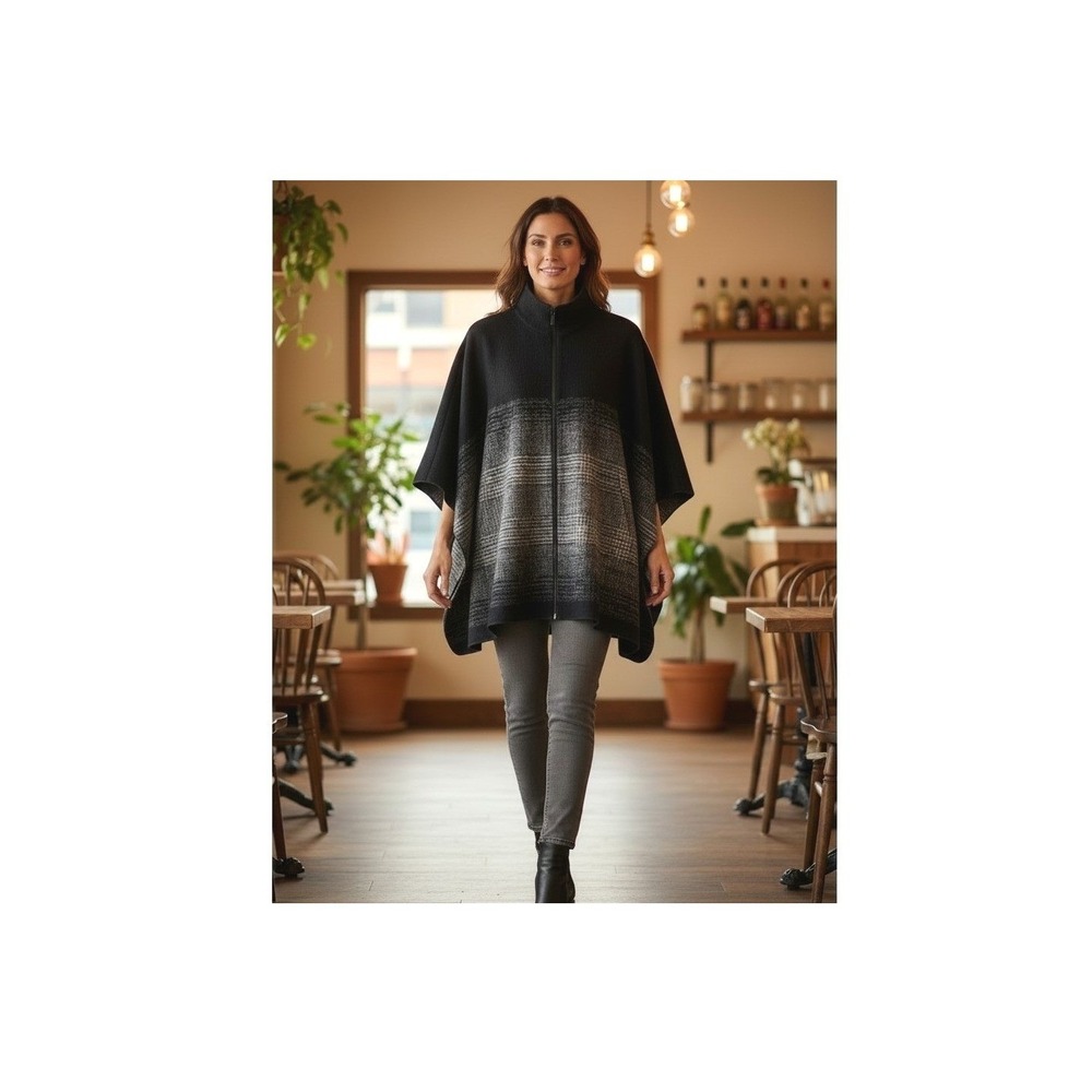 Bernardo Poncho Cape Coat | Black Gray | Plaid Zip Front Mock Neck | Sz L/XL